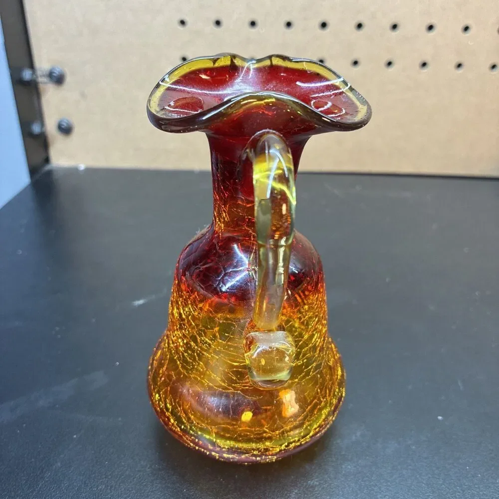 Vintage Amberina Crackle Glass Ruby Red Orange Cruet Pitcher  With Stopper